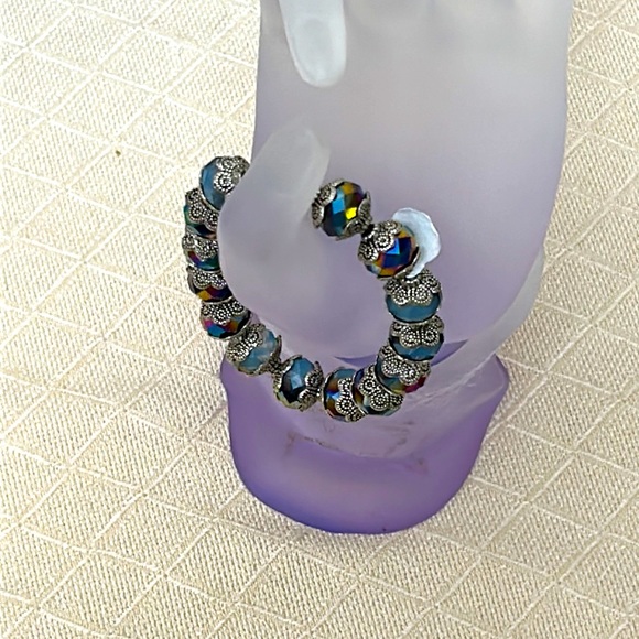 Glass Neon Blue Stirling Silver Beaded Stretchy Bracelet - Picture 3 of 4